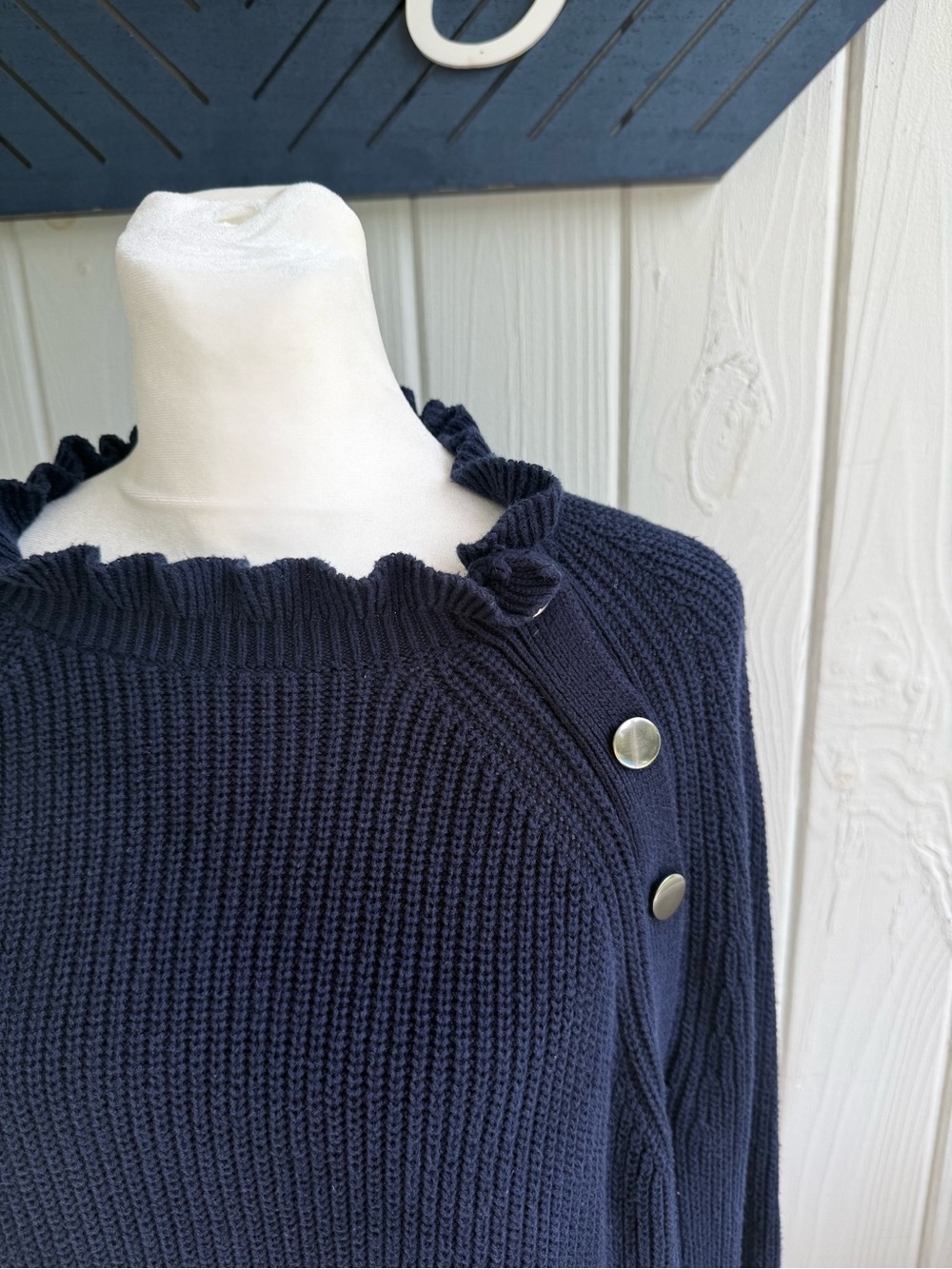LOFT Navy Ribbed Crew Sweater with Ruffle Neck & Button Detail - Picture 3 of 5